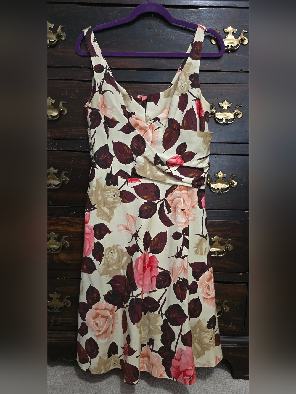 Talbots Floral Midi Dress in Cream, Burgundy and Pink